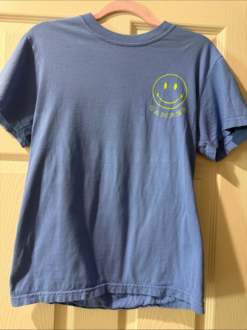 Camper Blue Tee with Neon Yellow Smiley